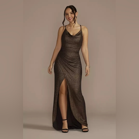 DB STUDIO | Cowl Neck Metallic Glitter Knit Sheath w/ Slit in Bronze sz 4 - Picture 12 of 14